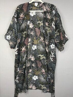 Sonoma Robe Women’s One Size Black Brown Floral Kimono Sheer Open Front Wrap Tie